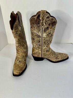Western Embroidered Leather Mid-Calf Boots in Beige by Laredo